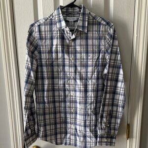 Calvin Klein Men's Slim Fit Gray, White and Blue Plaid Button-Down Shirt